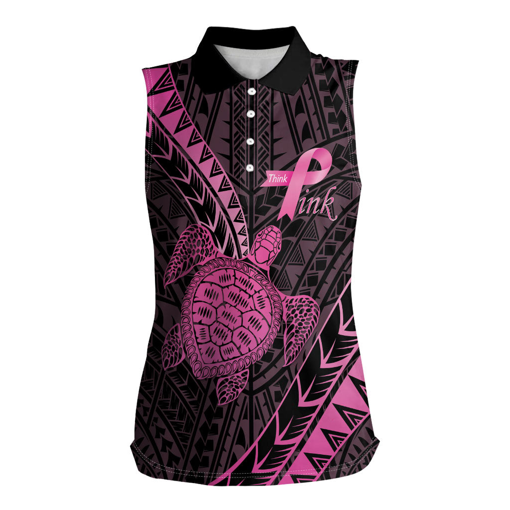 Breast Cancer Awareness Personalised Women Sleeveless Polo Shirt Pink Ribbon Turtle Polynesian Pattern Black