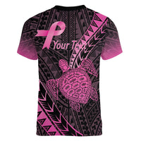 Breast Cancer Awareness Personalised Women V-Neck T-Shirt Pink Ribbon Turtle Polynesian Pattern Black