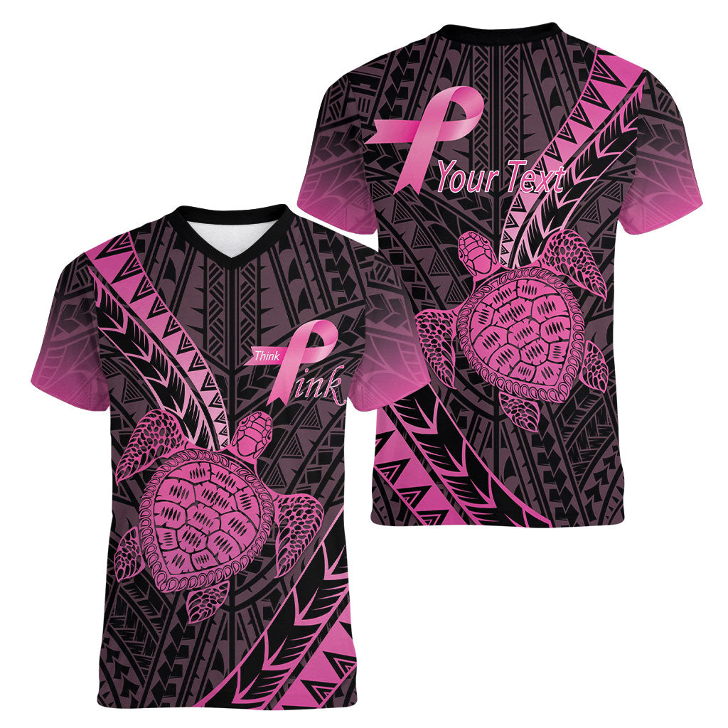 Breast Cancer Awareness Personalised Women V-Neck T-Shirt Pink Ribbon Turtle Polynesian Pattern Black