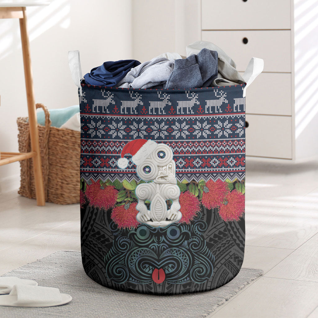New Zealand Hei Tiki Christmas In July Laundry Basket Pohutukawa Santa Xmas Polynesian Pattern LT22 Black - Polynesian Pride