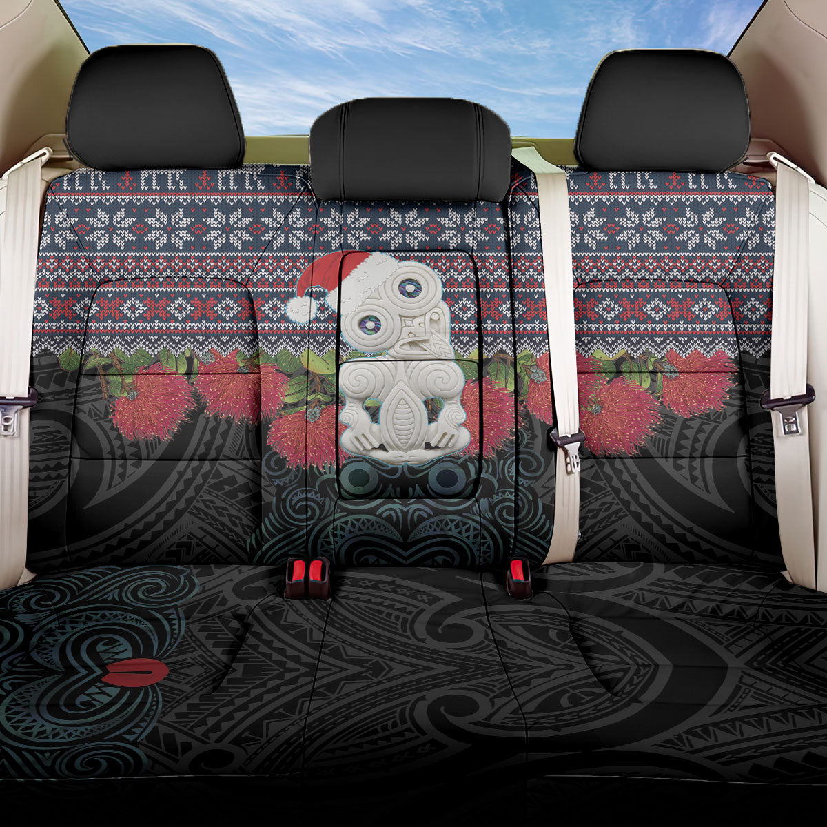 New Zealand Hei Tiki Christmas In July Back Car Seat Cover Pohutukawa Santa Xmas Polynesian Pattern LT22 One Size Black - Polynesian Pride