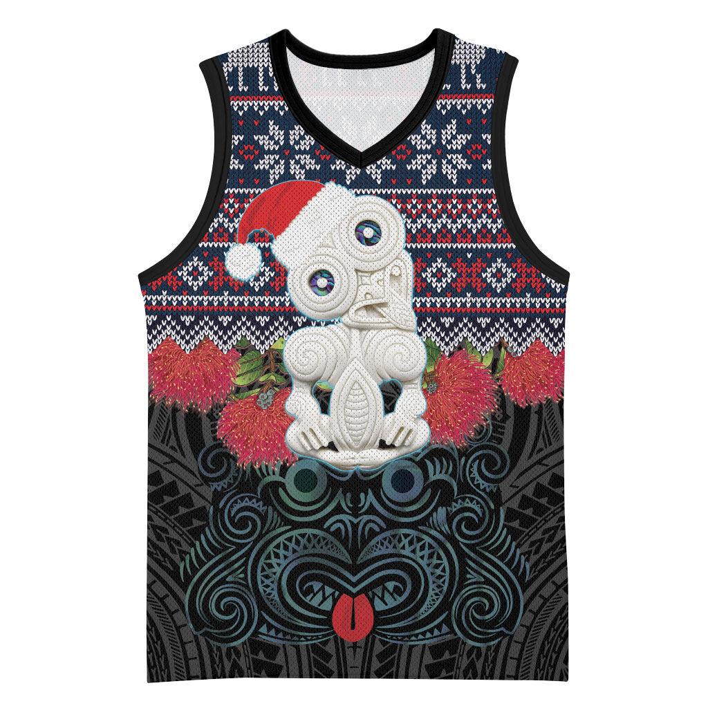 New Zealand Hei Tiki Christmas In July Basketball Jersey Pohutukawa Santa Xmas Polynesian Pattern LT22 Unisex Black - Polynesian Pride