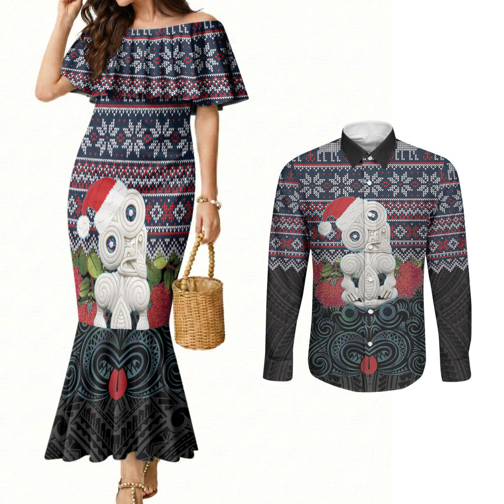 New Zealand Hei Tiki Christmas In July Couples Matching Mermaid Dress and Long Sleeve Button Shirt Pohutukawa Santa Xmas Polynesian Pattern LT22 Black - Polynesian Pride