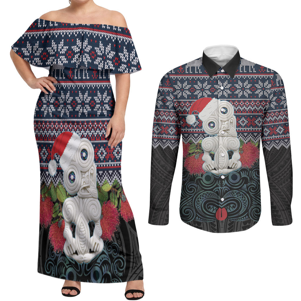 New Zealand Hei Tiki Christmas In July Couples Matching Off Shoulder Maxi Dress and Long Sleeve Button Shirt Pohutukawa Santa Xmas Polynesian Pattern LT22 Black - Polynesian Pride