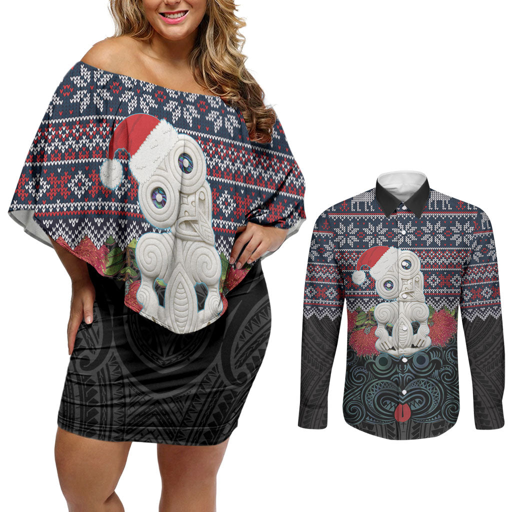 New Zealand Hei Tiki Christmas In July Couples Matching Off Shoulder Short Dress and Long Sleeve Button Shirt Pohutukawa Santa Xmas Polynesian Pattern LT22 Black - Polynesian Pride