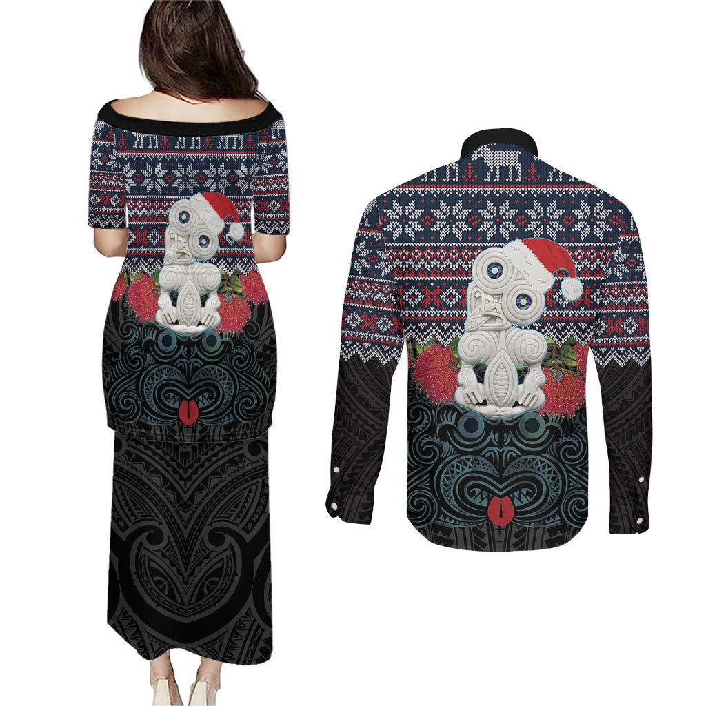 New Zealand Hei Tiki Christmas In July Couples Matching Puletasi and Long Sleeve Button Shirt Pohutukawa Santa Xmas Polynesian Pattern
