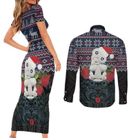 New Zealand Hei Tiki Christmas In July Couples Matching Short Sleeve Bodycon Dress and Long Sleeve Button Shirt Pohutukawa Santa Xmas Polynesian Pattern
