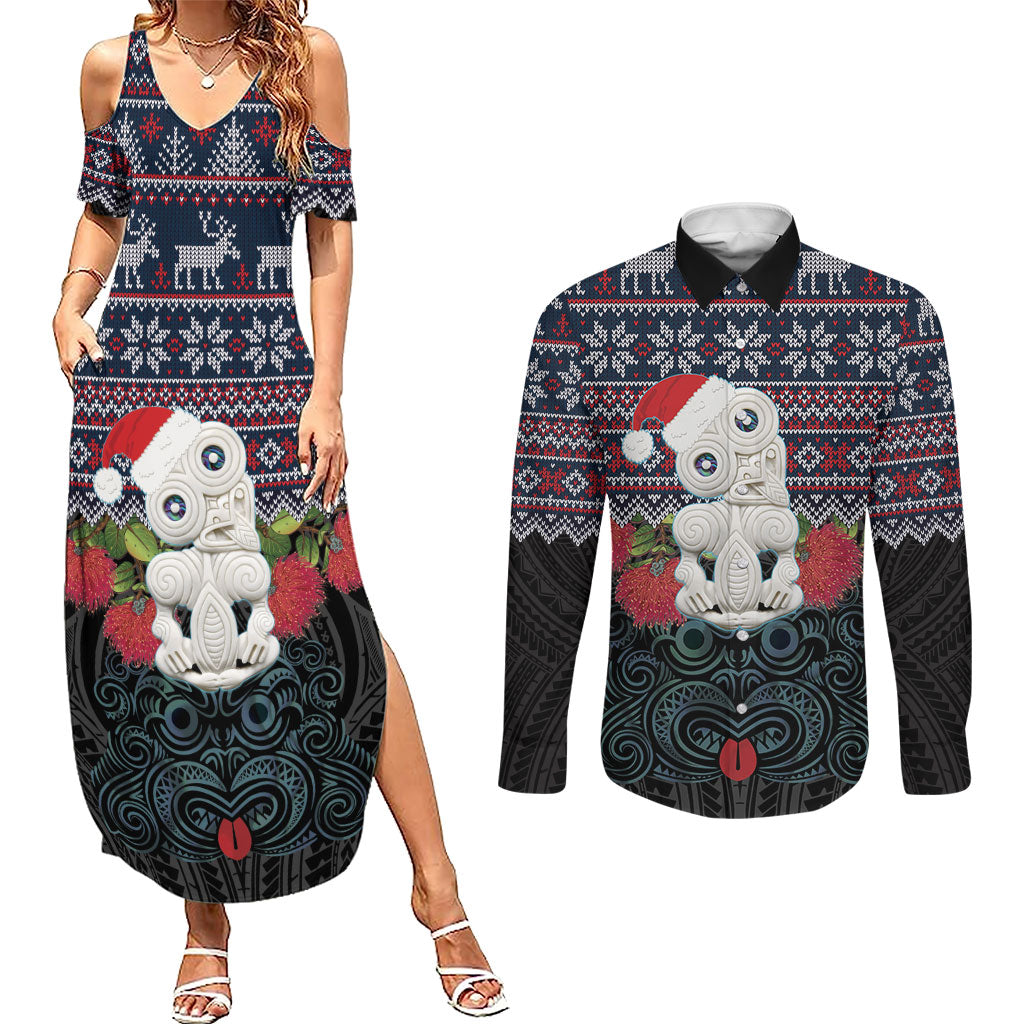 New Zealand Hei Tiki Christmas In July Couples Matching Summer Maxi Dress and Long Sleeve Button Shirt Pohutukawa Santa Xmas Polynesian Pattern