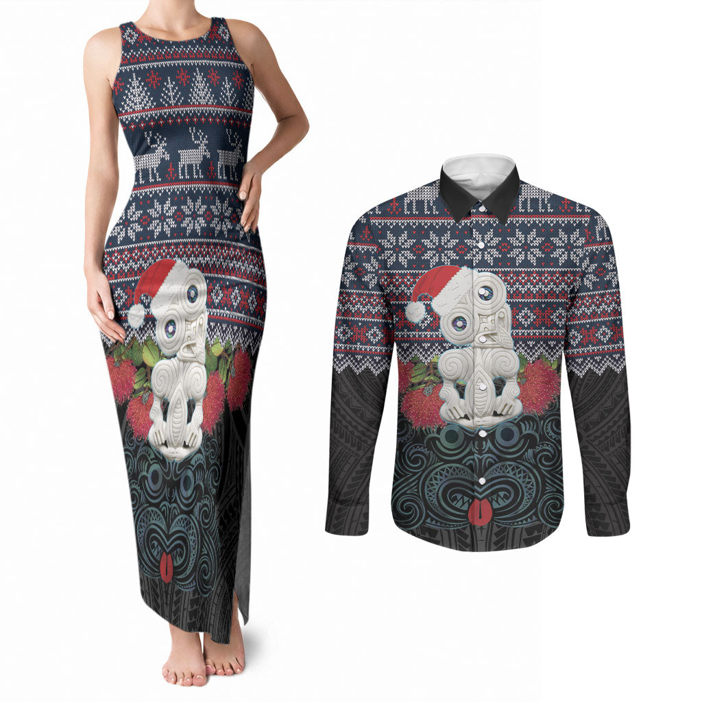 New Zealand Hei Tiki Christmas In July Couples Matching Tank Maxi Dress and Long Sleeve Button Shirt Pohutukawa Santa Xmas Polynesian Pattern LT22 Black - Polynesian Pride