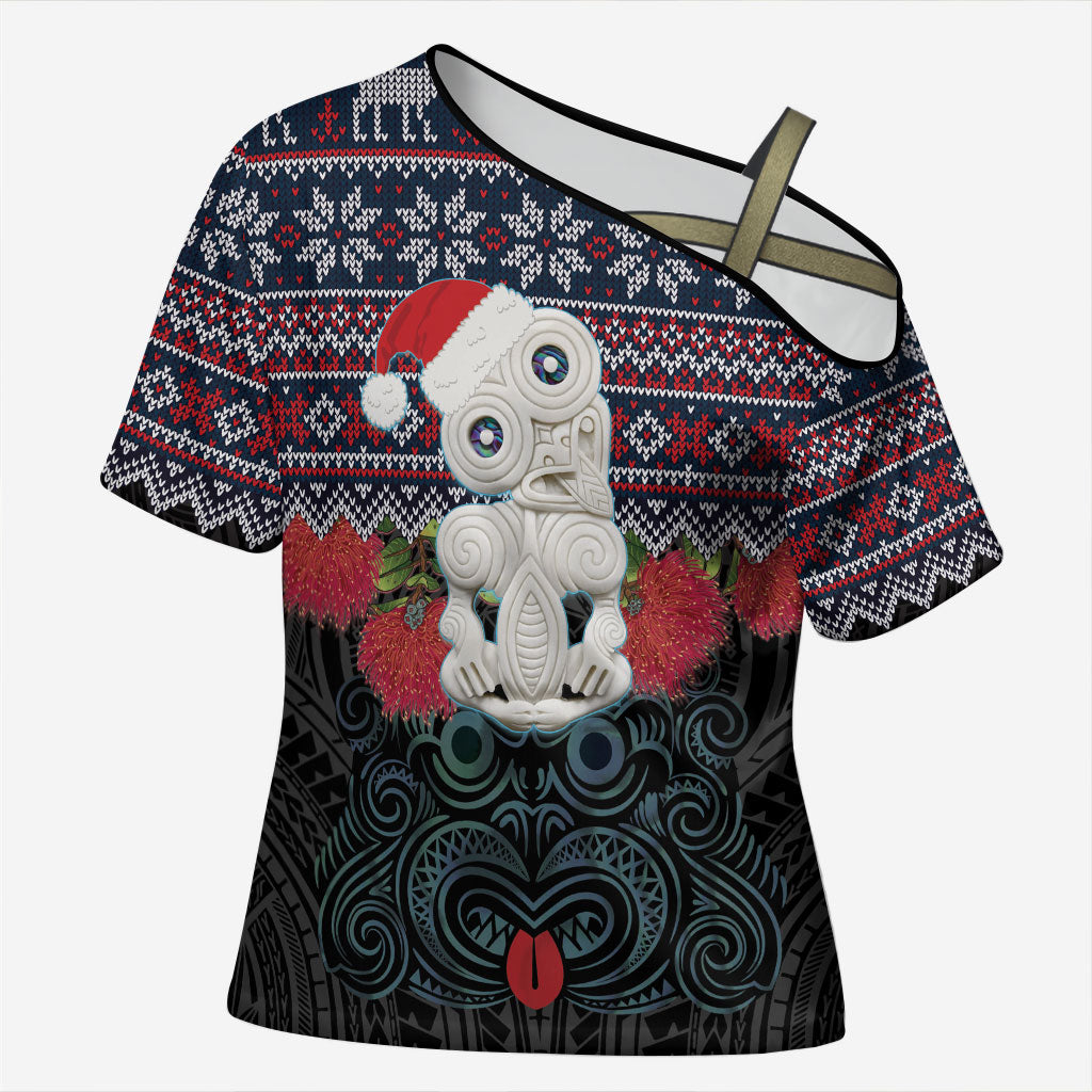 New Zealand Hei Tiki Christmas In July Cross Shoulder Shirt Pohutukawa Santa Xmas Polynesian Pattern LT22 Female Black - Polynesian Pride
