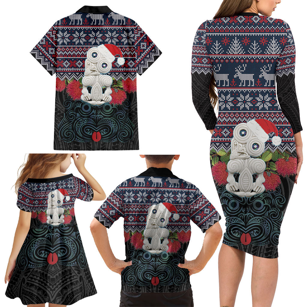New Zealand Hei Tiki Christmas In July Family Matching Long Sleeve Bodycon Dress and Hawaiian Shirt Pohutukawa Santa Xmas Polynesian Pattern