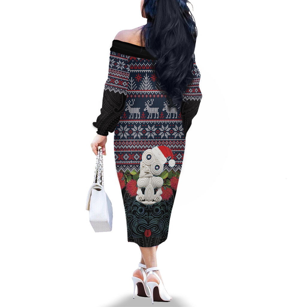 New Zealand Hei Tiki Christmas In July Family Matching Off The Shoulder Long Sleeve Dress and Hawaiian Shirt Pohutukawa Santa Xmas Polynesian Pattern