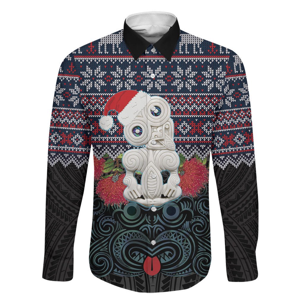 New Zealand Hei Tiki Christmas In July Family Matching Off Shoulder Maxi Dress and Hawaiian Shirt Pohutukawa Santa Xmas Polynesian Pattern LT22 Dad's Shirt - Long Sleeve Black - Polynesian Pride