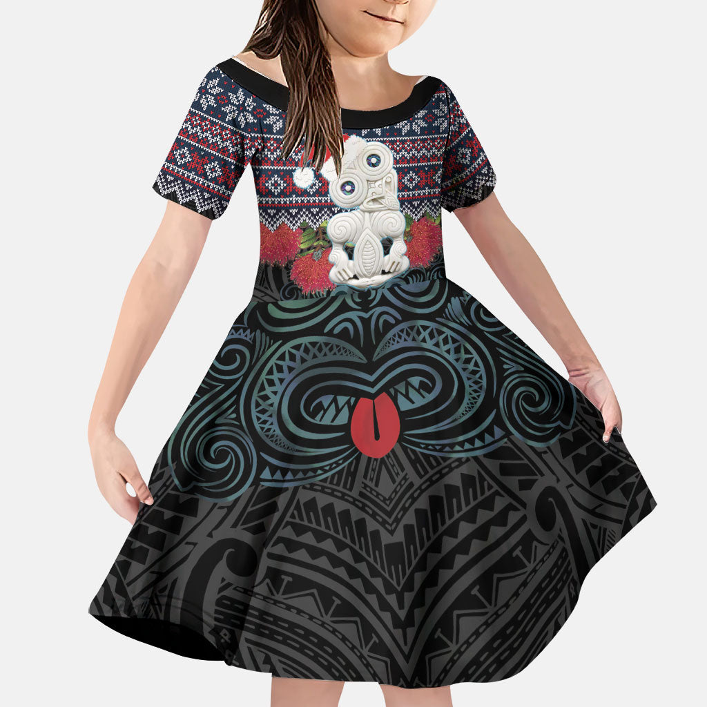 New Zealand Hei Tiki Christmas In July Family Matching Short Sleeve Bodycon Dress and Hawaiian Shirt Pohutukawa Santa Xmas Polynesian Pattern