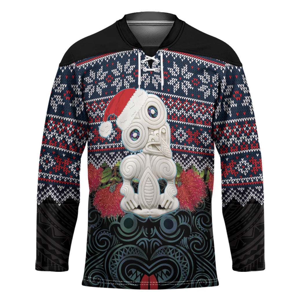 New Zealand Hei Tiki Christmas In July Hockey Jersey Pohutukawa Santa Xmas Polynesian Pattern LT22 Unisex Black - Polynesian Pride