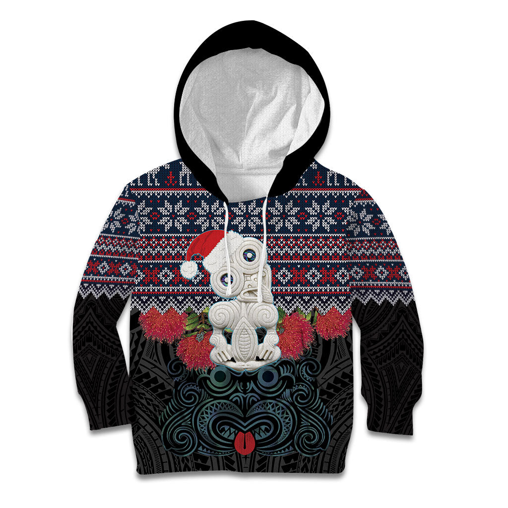 New Zealand Hei Tiki Christmas In July Kid Hoodie Pohutukawa Santa Xmas Polynesian Pattern LT22 Hoodie Black - Polynesian Pride