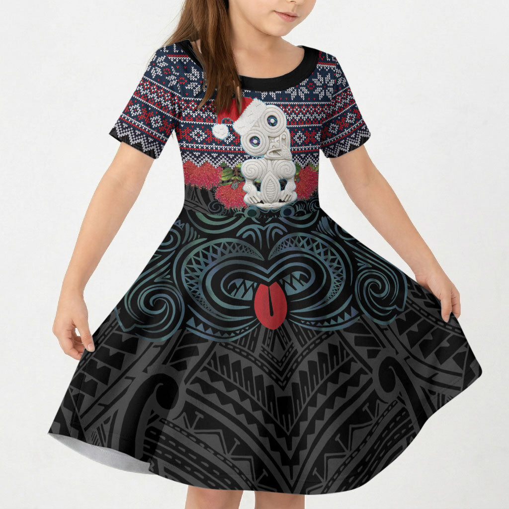 New Zealand Hei Tiki Christmas In July Kid Short Sleeve Dress Pohutukawa Santa Xmas Polynesian Pattern LT22 KID Black - Polynesian Pride