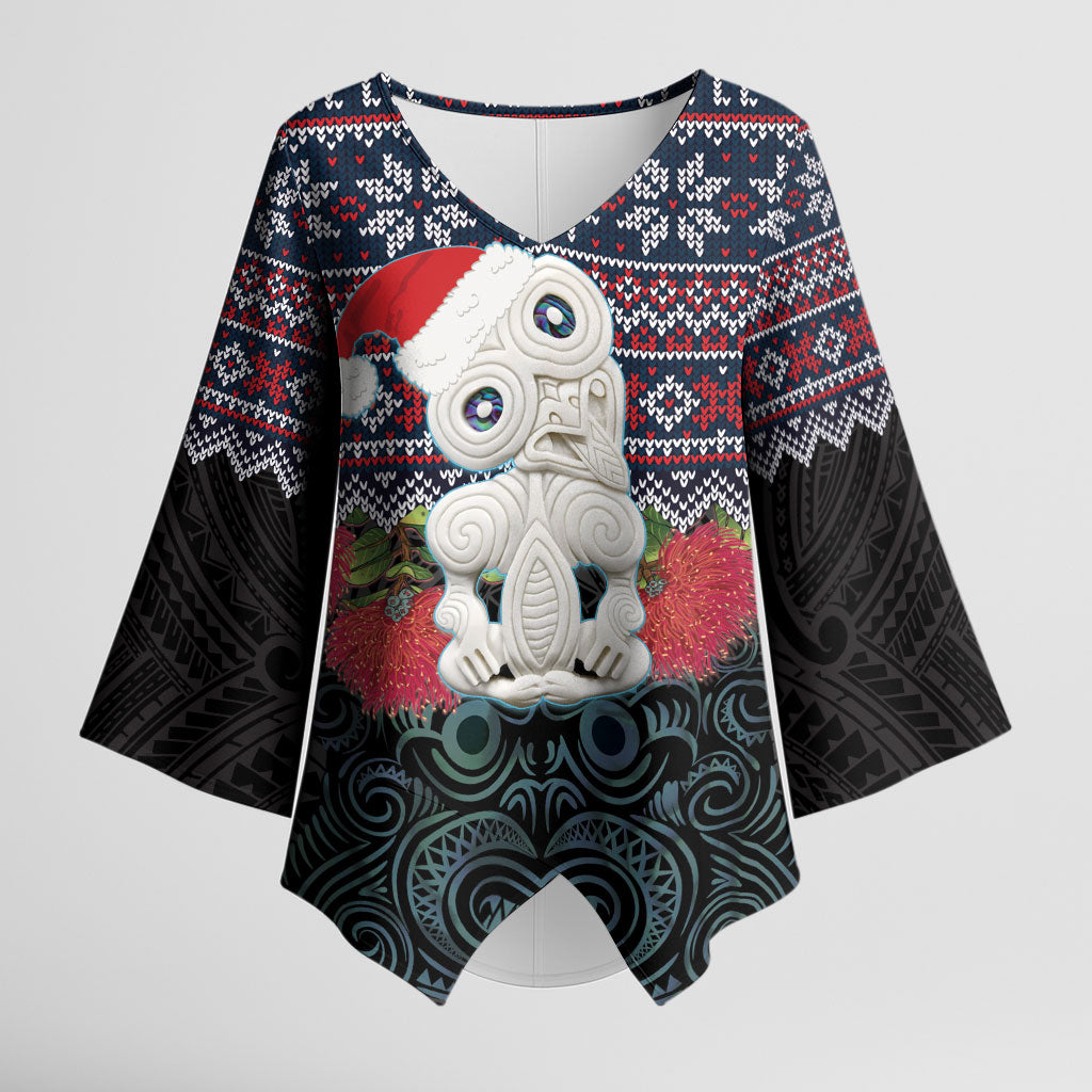 New Zealand Hei Tiki Christmas In July Kimono Sleeve Blouse Pohutukawa Santa Xmas Polynesian Pattern LT22 Female Black - Polynesian Pride