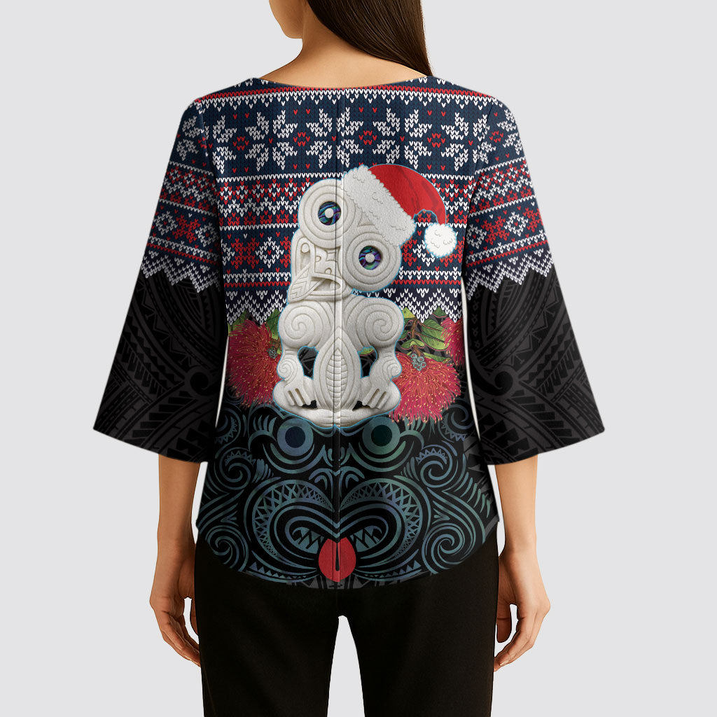 New Zealand Hei Tiki Christmas In July Kimono Sleeve Blouse Pohutukawa Santa Xmas Polynesian Pattern