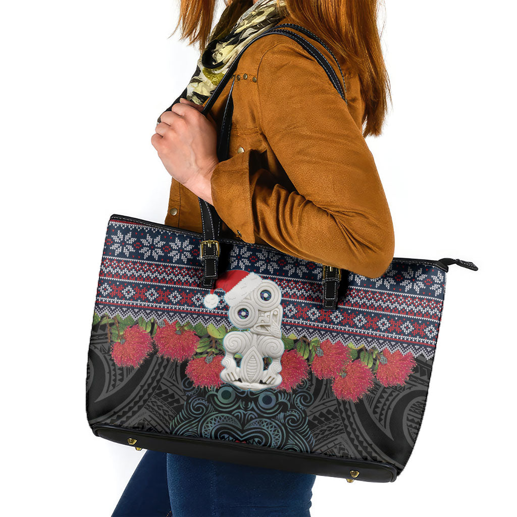 New Zealand Hei Tiki Christmas In July Leather Tote Bag Pohutukawa Santa Xmas Polynesian Pattern LT22 Black - Polynesian Pride