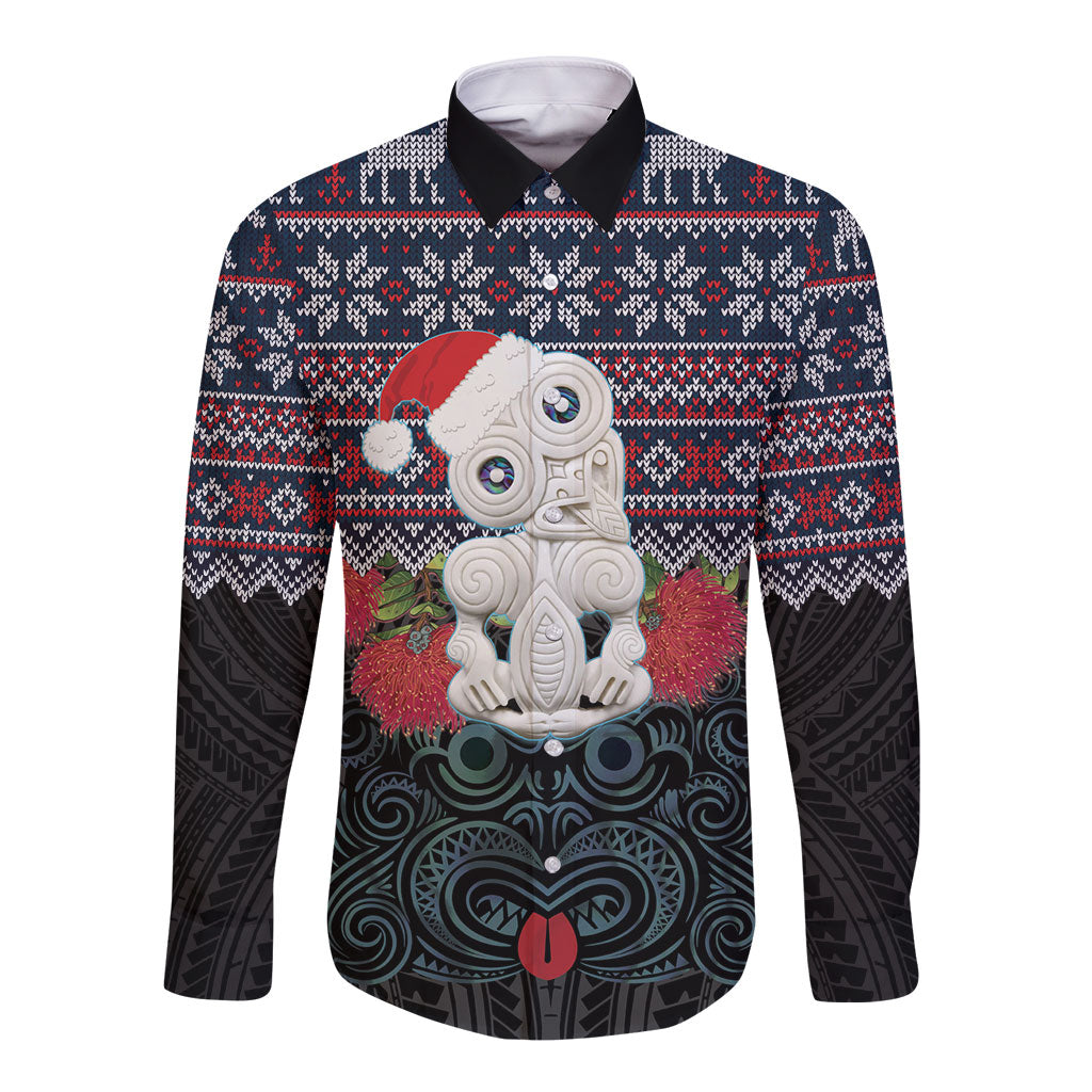 New Zealand Hei Tiki Christmas In July Long Sleeve Button Shirt Pohutukawa Santa Xmas Polynesian Pattern