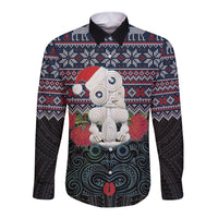 New Zealand Hei Tiki Christmas In July Long Sleeve Button Shirt Pohutukawa Santa Xmas Polynesian Pattern