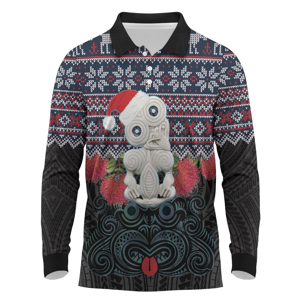 New Zealand Hei Tiki Christmas In July Long Sleeve Polo Shirt Pohutukawa Santa Xmas Polynesian Pattern