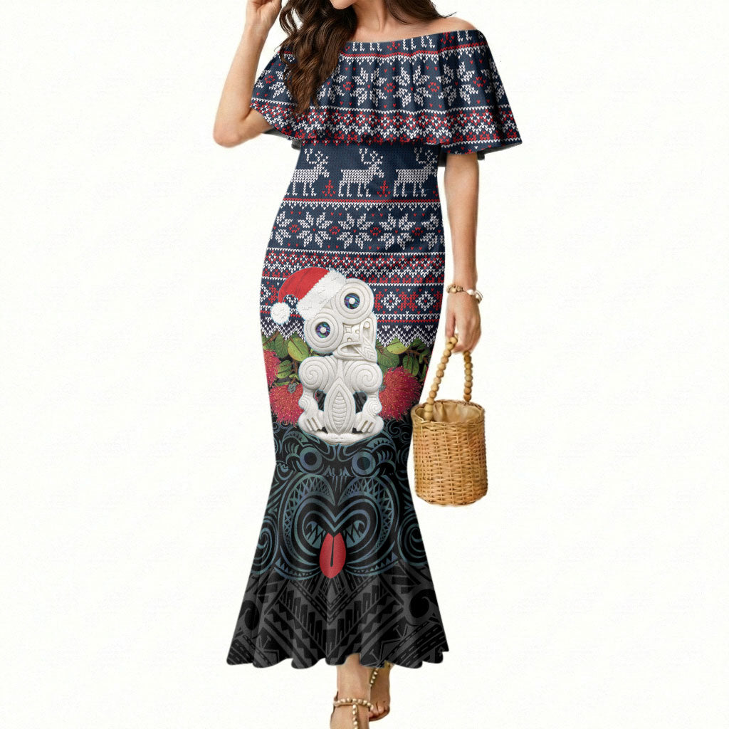 New Zealand Hei Tiki Christmas In July Mermaid Dress Pohutukawa Santa Xmas Polynesian Pattern LT22 Women Black - Polynesian Pride
