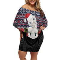 New Zealand Hei Tiki Christmas In July Off Shoulder Short Dress Pohutukawa Santa Xmas Polynesian Pattern