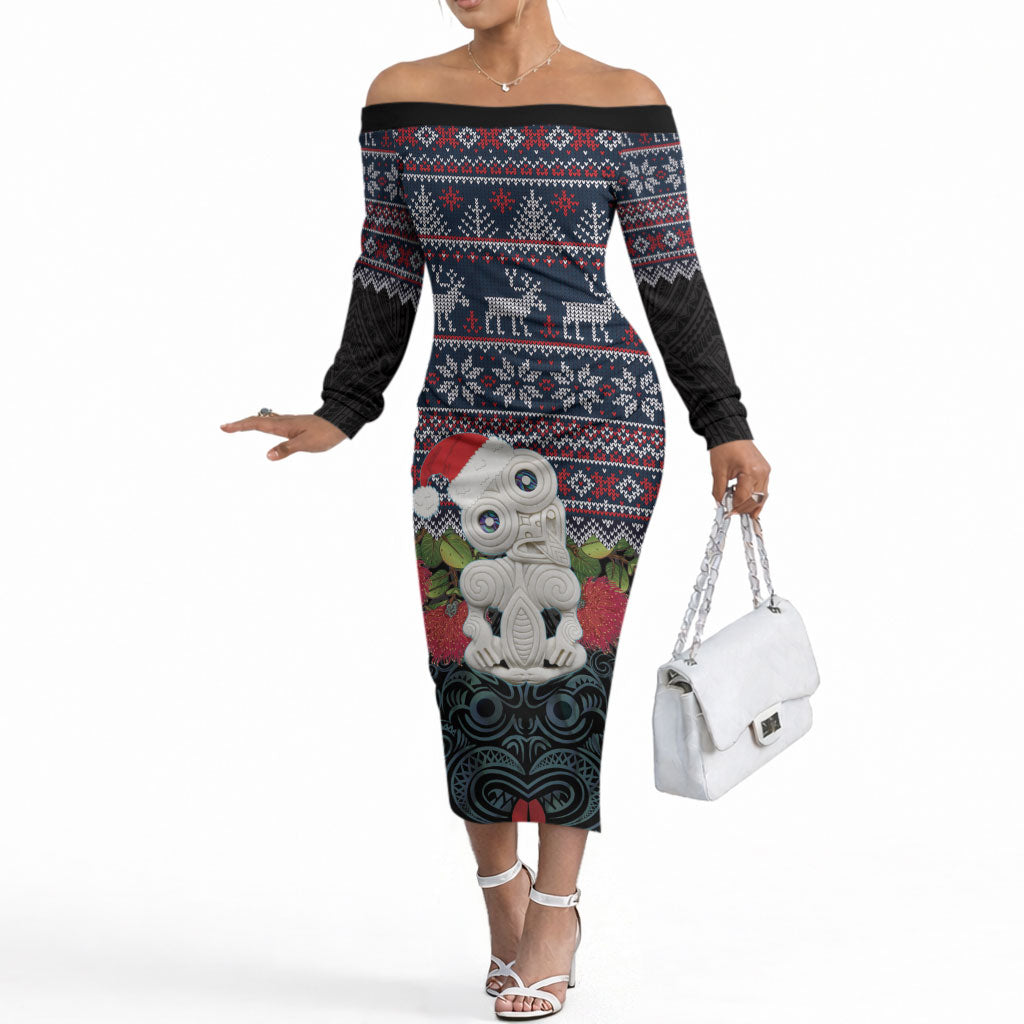 New Zealand Hei Tiki Christmas In July Off The Shoulder Long Sleeve Dress Pohutukawa Santa Xmas Polynesian Pattern LT22 Women Black - Polynesian Pride