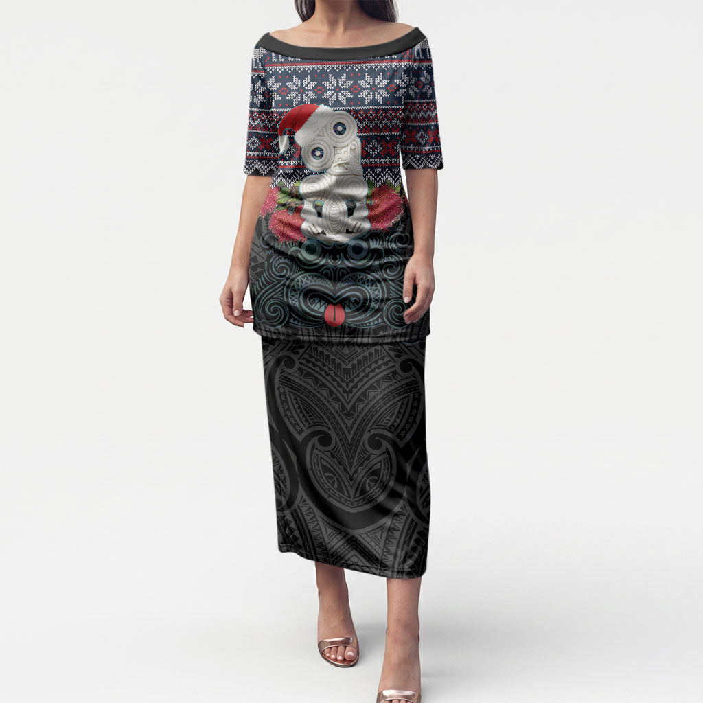 New Zealand Hei Tiki Christmas In July Puletasi Pohutukawa Santa Xmas Polynesian Pattern LT22 Long Dress Black - Polynesian Pride