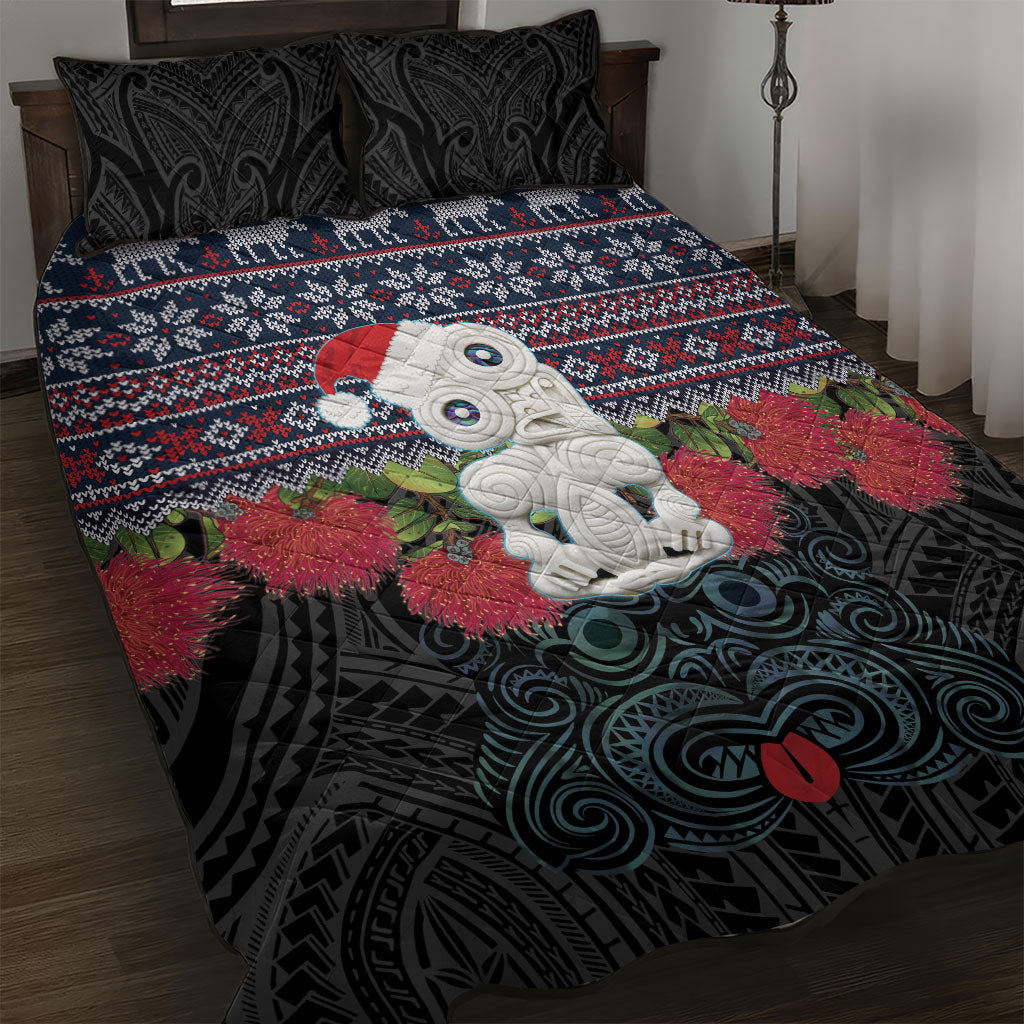 New Zealand Hei Tiki Christmas In July Quilt Bed Set Pohutukawa Santa Xmas Polynesian Pattern LT22 Black - Polynesian Pride