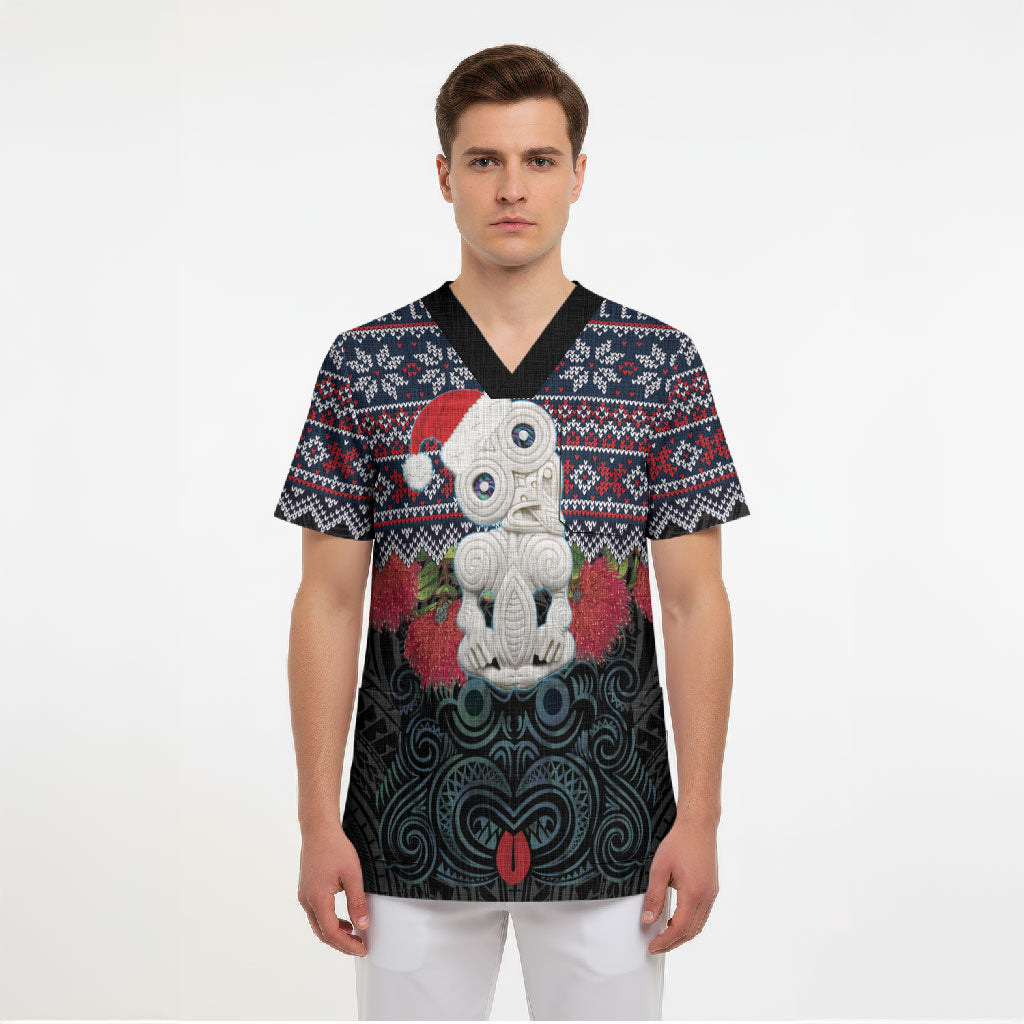 New Zealand Hei Tiki Christmas In July Scrub Top Pohutukawa Santa Xmas Polynesian Pattern