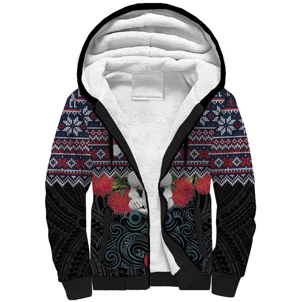 New Zealand Hei Tiki Christmas In July Sherpa Hoodie Pohutukawa Santa Xmas Polynesian Pattern LT22 Unisex Black - Polynesian Pride