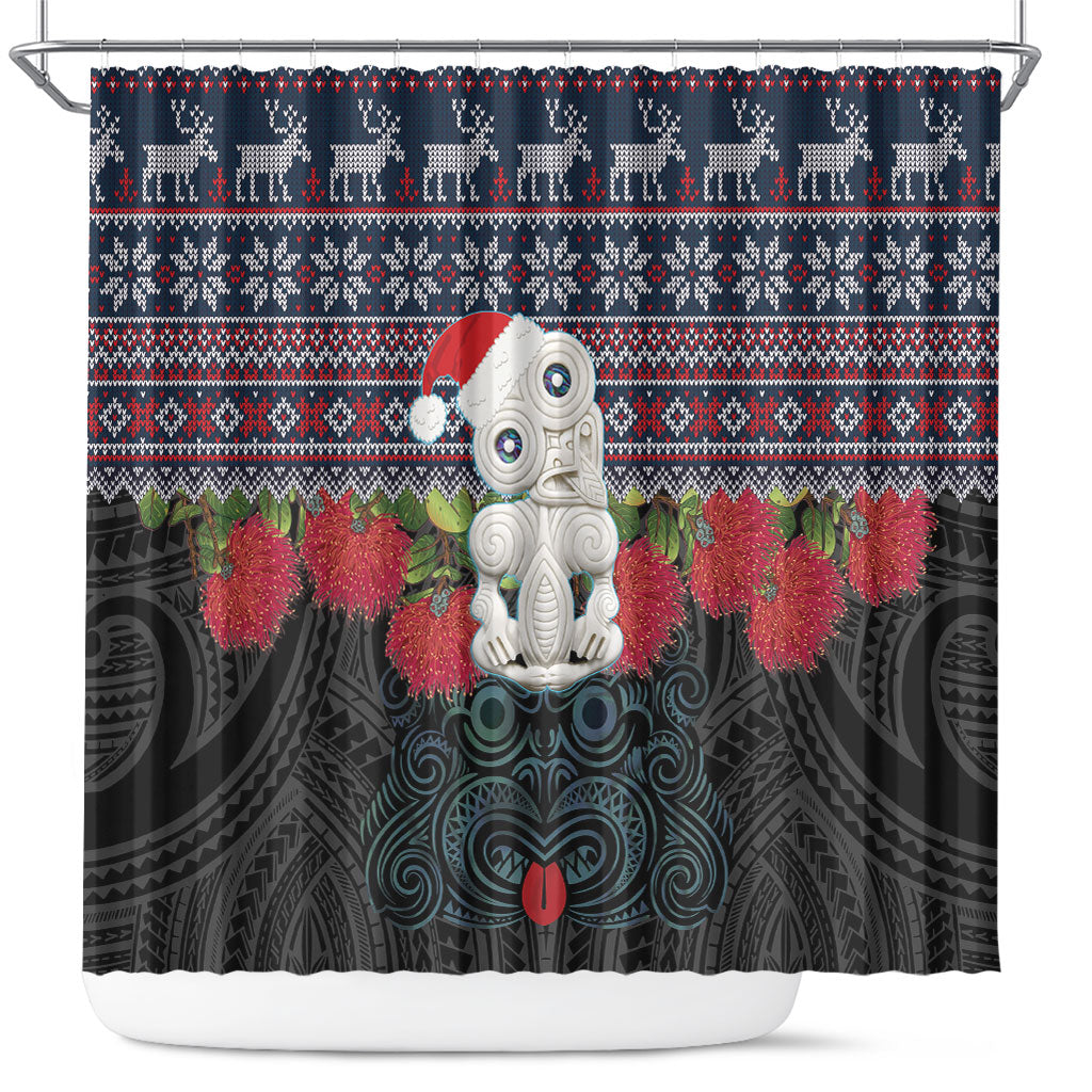 New Zealand Hei Tiki Christmas In July Shower Curtain Pohutukawa Santa Xmas Polynesian Pattern LT22 Black - Polynesian Pride