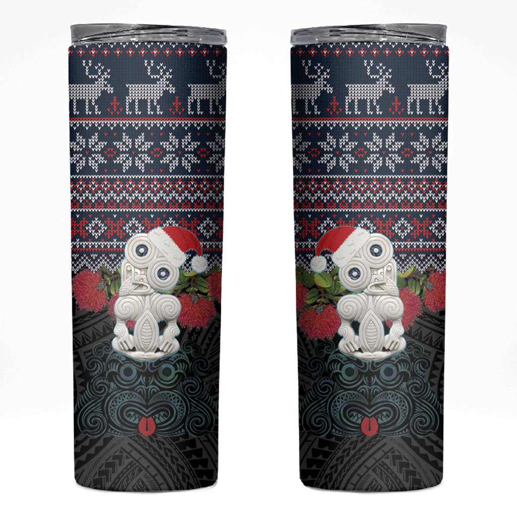 New Zealand Hei Tiki Christmas In July Skinny Tumbler Pohutukawa Santa Xmas Polynesian Pattern LT22 Black - Polynesian Pride