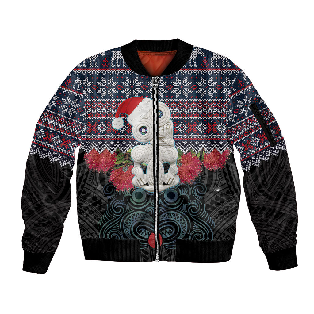 New Zealand Hei Tiki Christmas In July Sleeve Zip Bomber Jacket Pohutukawa Santa Xmas Polynesian Pattern LT22 Unisex Black - Polynesian Pride