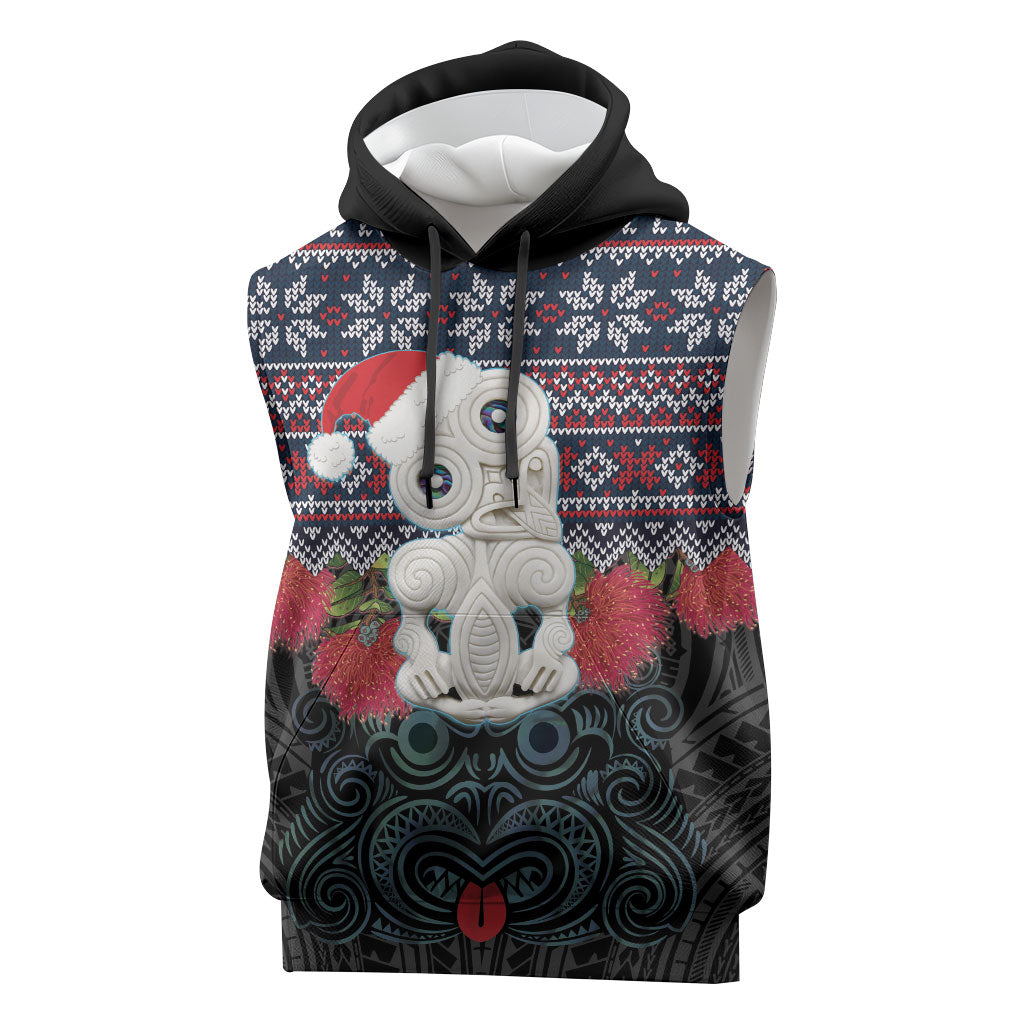 New Zealand Hei Tiki Christmas In July Sleeveless Hoodie Pohutukawa Santa Xmas Polynesian Pattern LT22 Black - Polynesian Pride