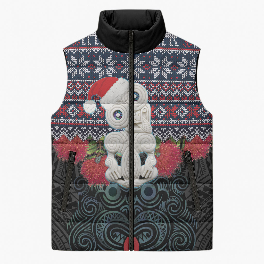 New Zealand Hei Tiki Christmas In July Sleeveless Puffer Jacket Pohutukawa Santa Xmas Polynesian Pattern LT22 Unisex Black - Polynesian Pride