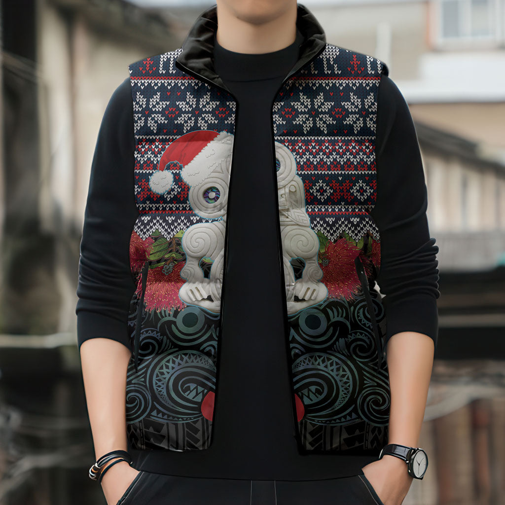 New Zealand Hei Tiki Christmas In July Sleeveless Puffer Jacket Pohutukawa Santa Xmas Polynesian Pattern