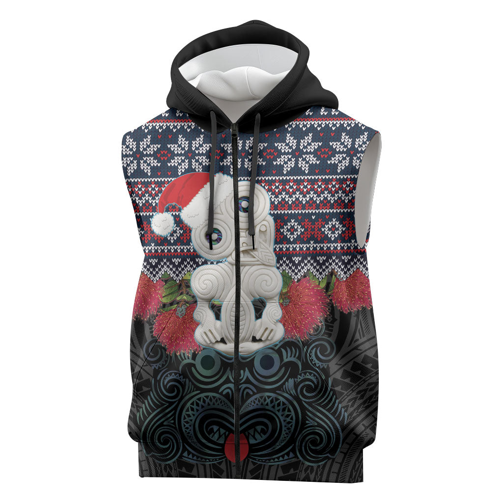 New Zealand Hei Tiki Christmas In July Sleeveless Zip Hoodie Pohutukawa Santa Xmas Polynesian Pattern LT22 Black - Polynesian Pride