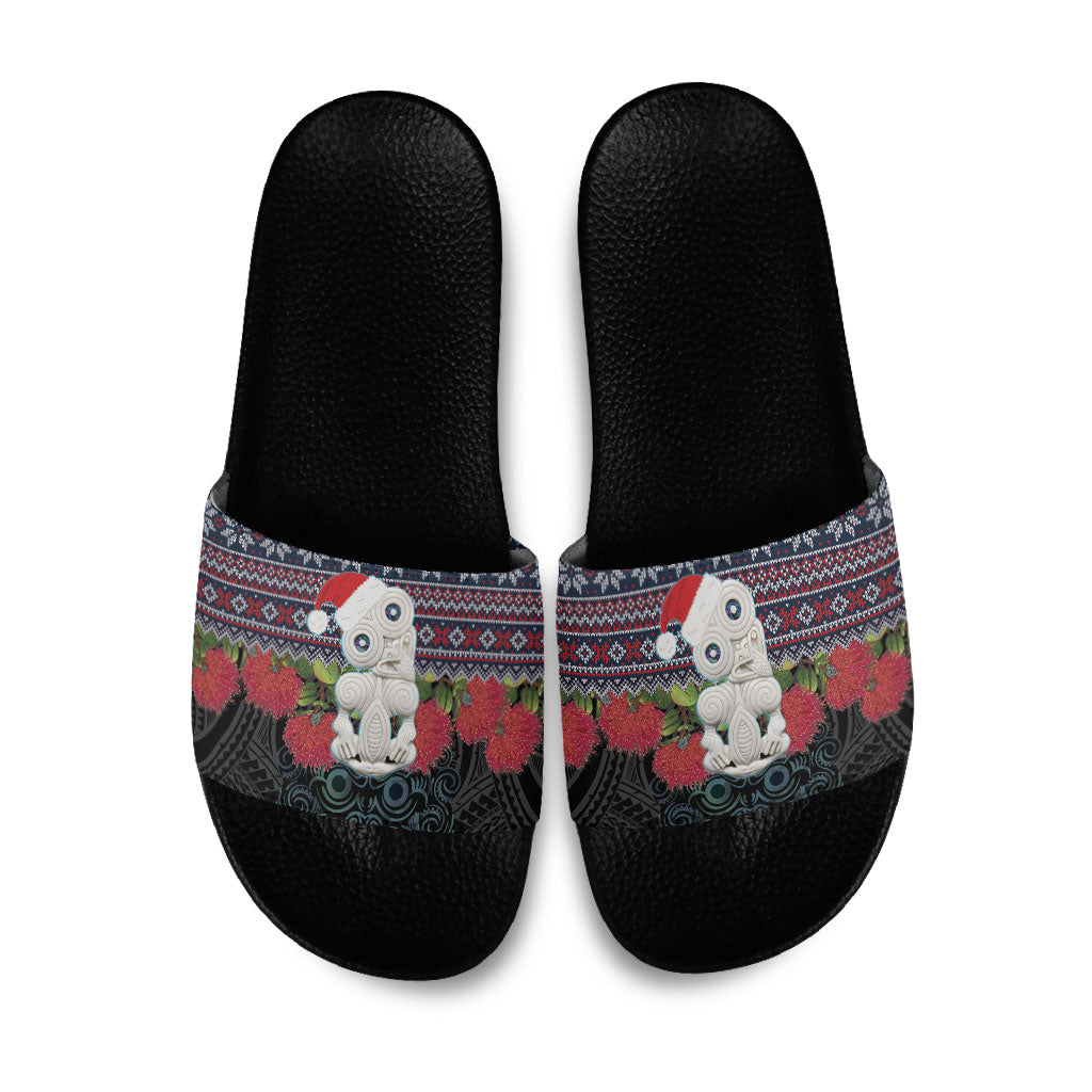 New Zealand Hei Tiki Christmas In July Slide Sandals Pohutukawa Santa Xmas Polynesian Pattern LT22 Black - Polynesian Pride