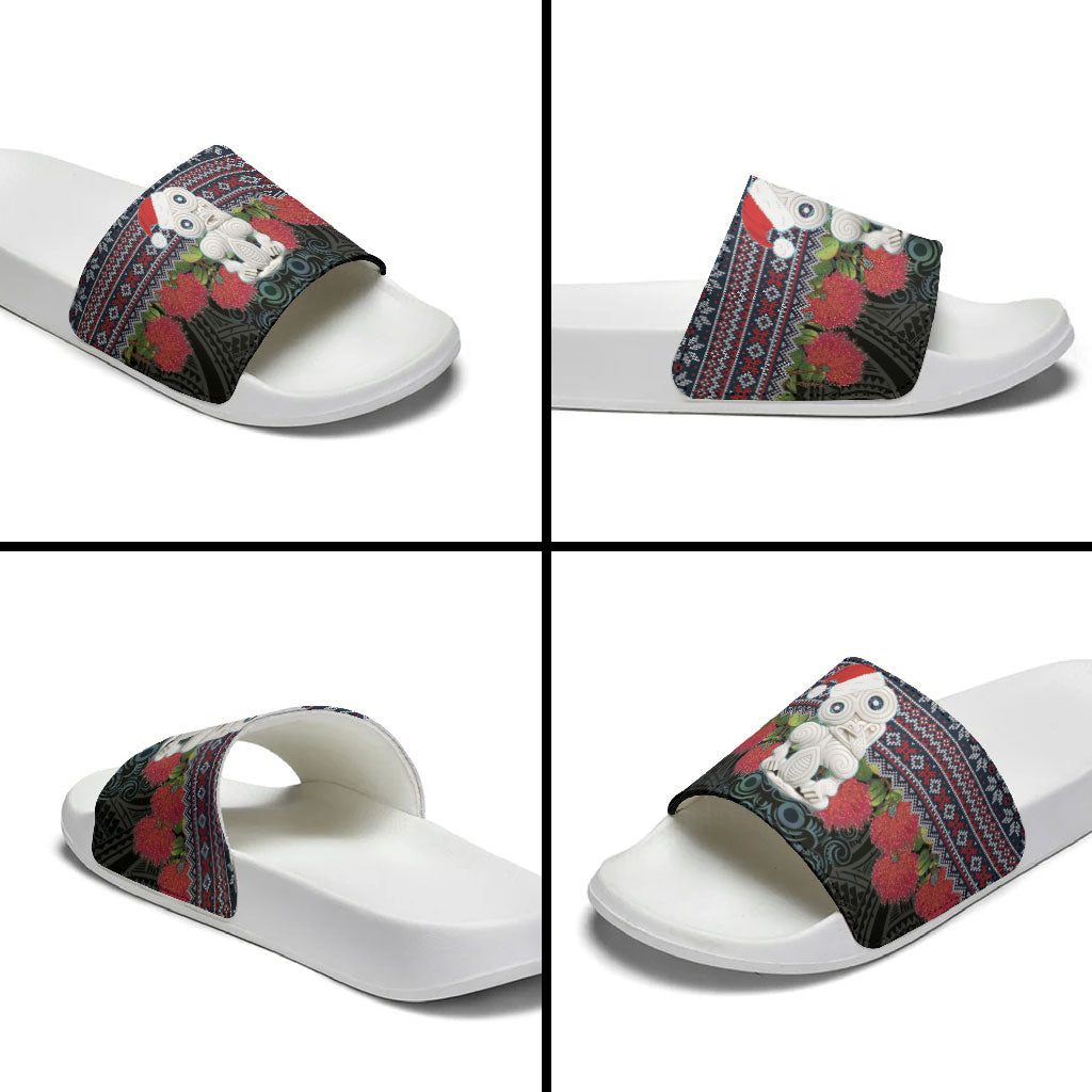 New Zealand Hei Tiki Christmas In July Slide Sandals Pohutukawa Santa Xmas Polynesian Pattern