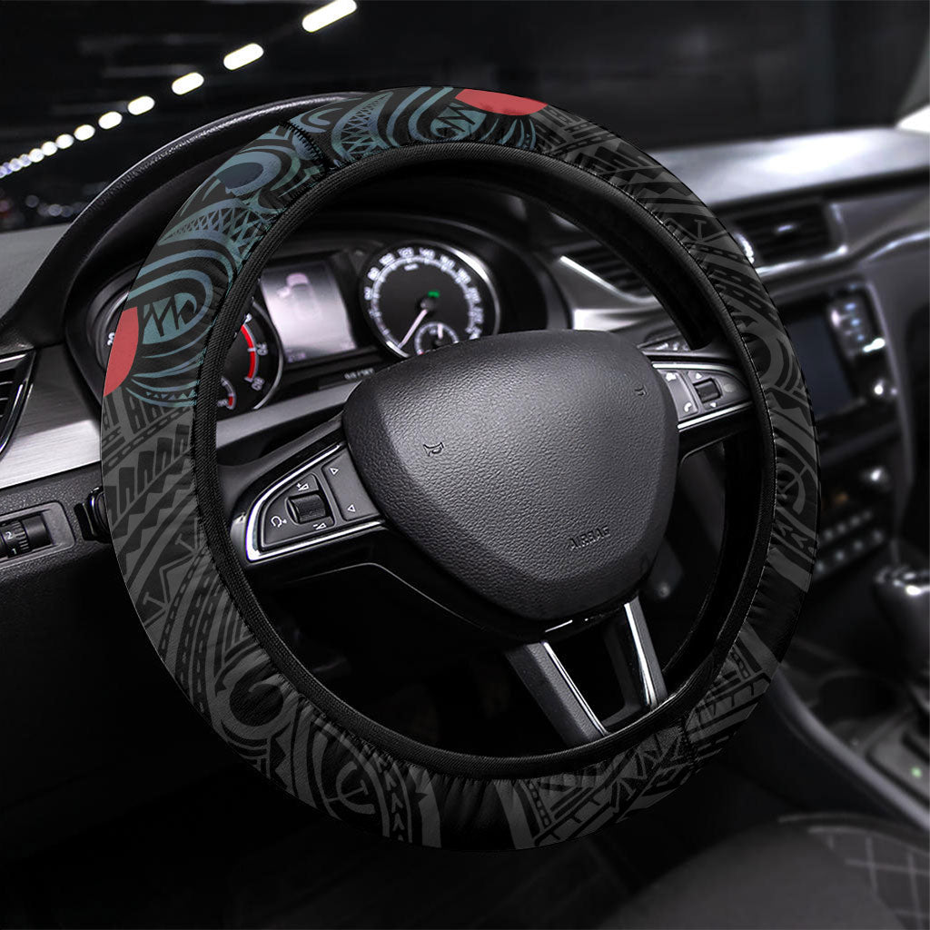 New Zealand Hei Tiki Christmas In July Steering Wheel Cover Pohutukawa Santa Xmas Polynesian Pattern LT22 Universal Fit Black - Polynesian Pride