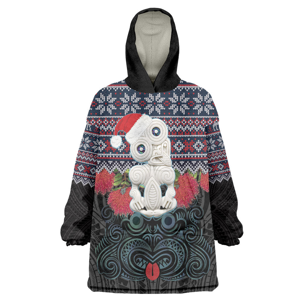 New Zealand Hei Tiki Christmas In July Wearable Blanket Hoodie Pohutukawa Santa Xmas Polynesian Pattern LT22 One Size Black - Polynesian Pride