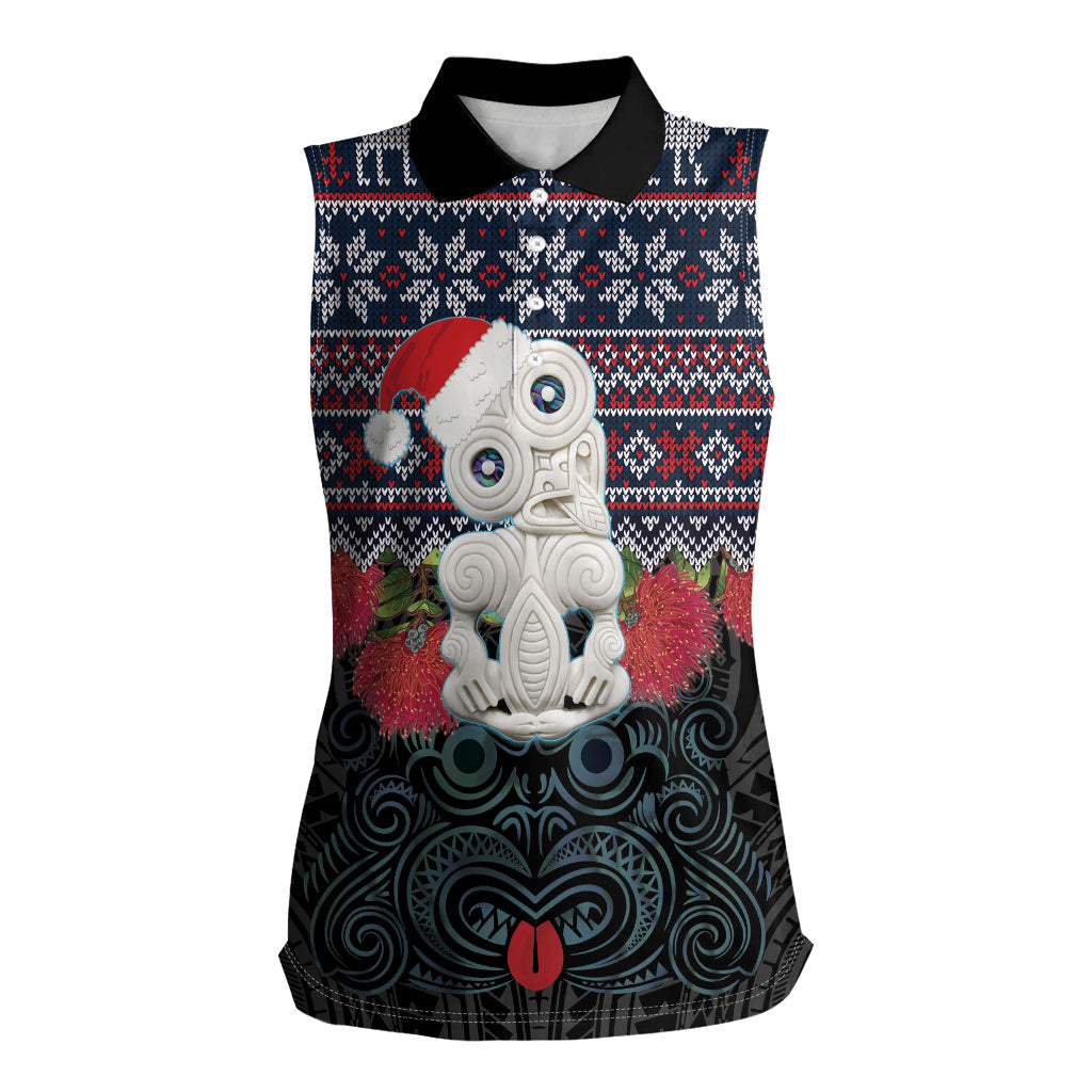 New Zealand Hei Tiki Christmas In July Women Sleeveless Polo Shirt Pohutukawa Santa Xmas Polynesian Pattern LT22 Female Black - Polynesian Pride