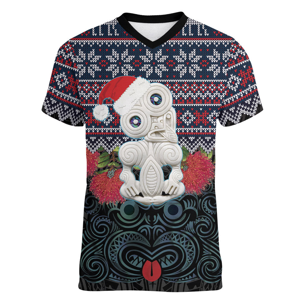New Zealand Hei Tiki Christmas In July Women V-Neck T-Shirt Pohutukawa Santa Xmas Polynesian Pattern LT22 Female Black - Polynesian Pride