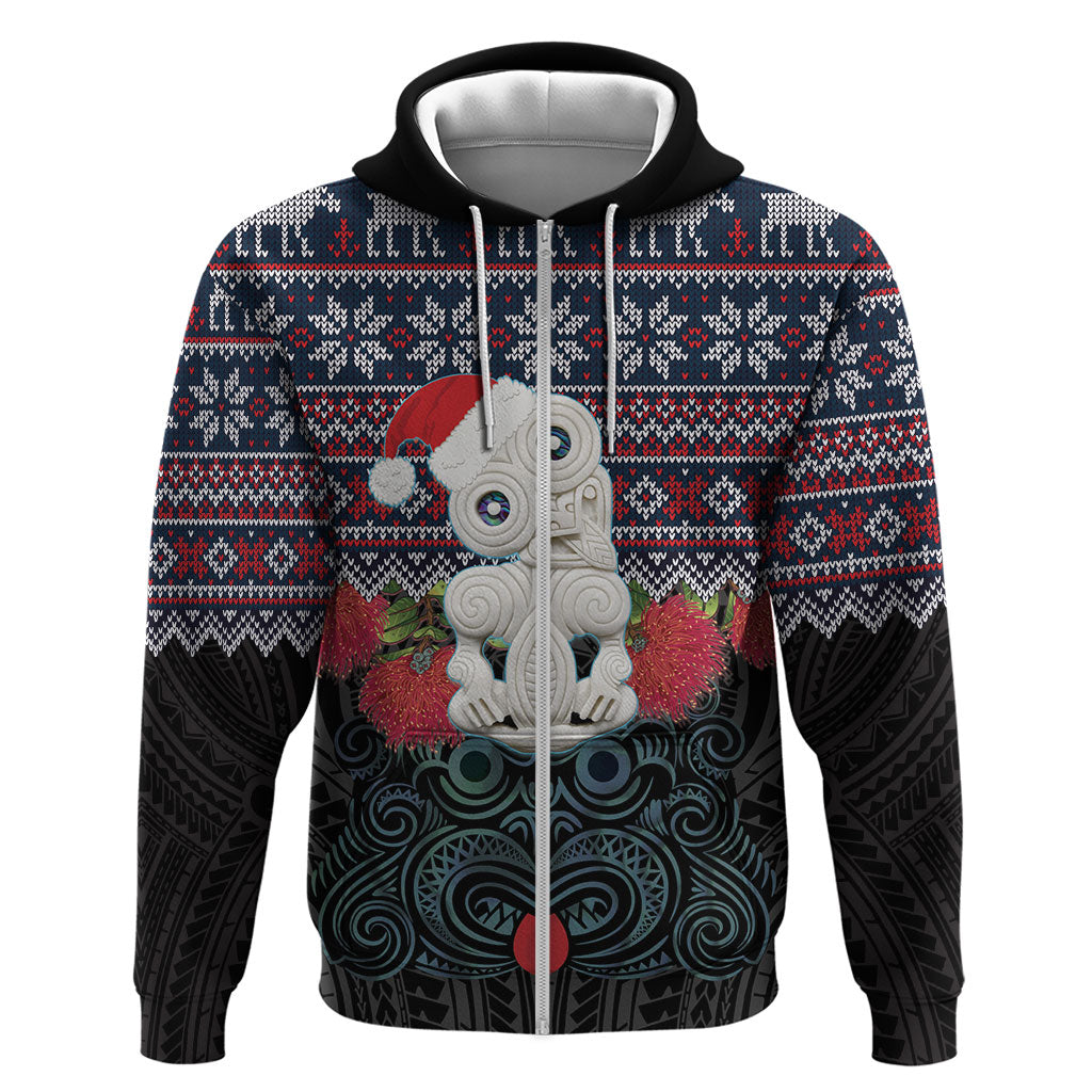 New Zealand Hei Tiki Christmas In July Zip Hoodie Pohutukawa Santa Xmas Polynesian Pattern LT22 Zip Hoodie Black - Polynesian Pride