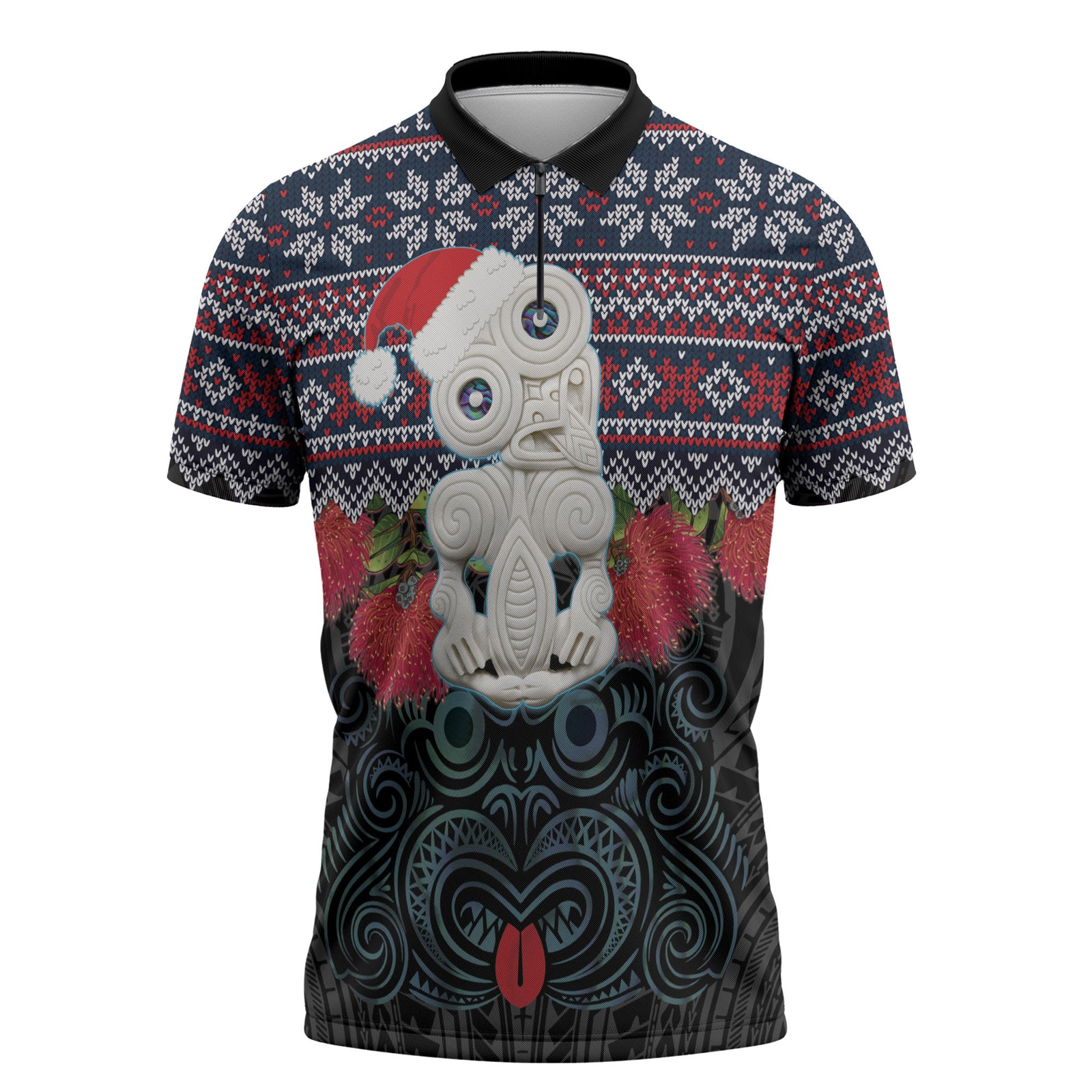 New Zealand Hei Tiki Christmas In July Zipper Polo Shirt Pohutukawa Santa Xmas Polynesian Pattern LT22 Black - Polynesian Pride