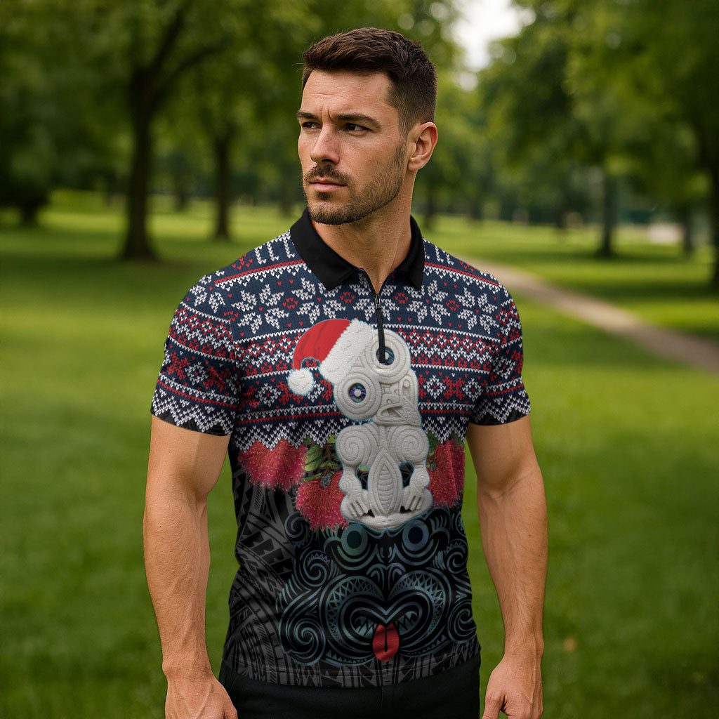New Zealand Hei Tiki Christmas In July Zipper Polo Shirt Pohutukawa Santa Xmas Polynesian Pattern